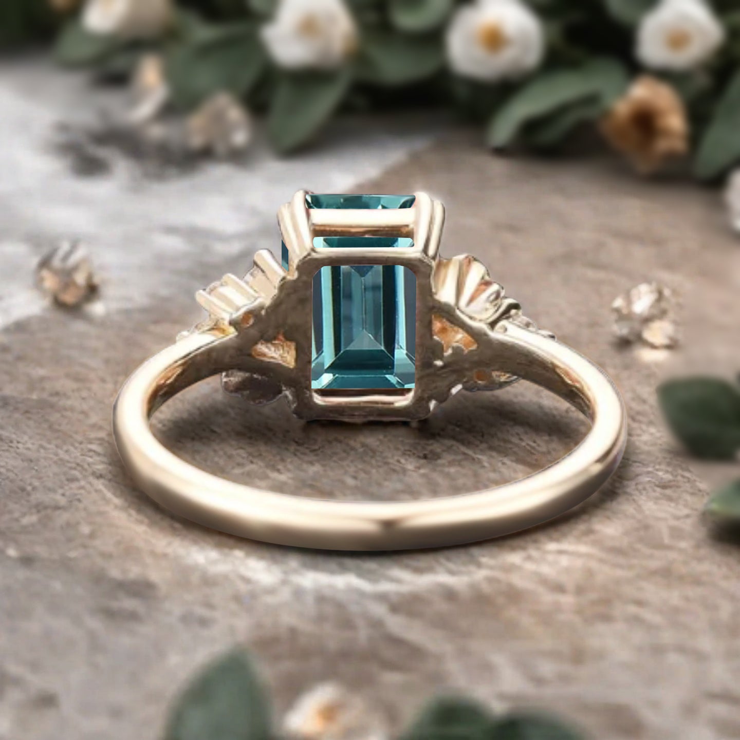Art Deco Aquamarine Flower Design Gemstone Ring Unique Vintage Emerald Cut Aquamarine Engagement Ring Wedding Promise Ring For Women
