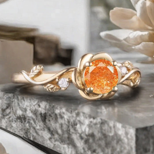 Vintage Sunstone Ring Solid Gold Round Orange Sunstone Flower Leaf Engagement Ring Unique Moissanite Art Deco Promise Ring Anniversary Gift