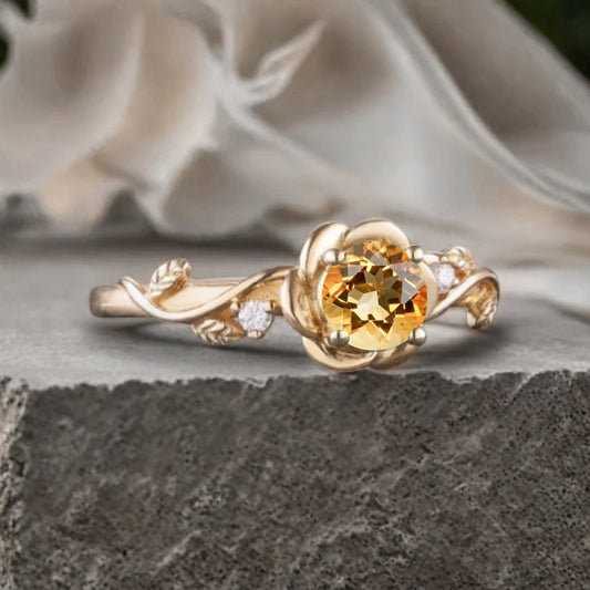Vintage Citrine Ring Solid Gold Round Yellow Citrine Flower Leaf Engagement Ring Unique Moissanite Art Deco Promise Ring Anniversary Gift