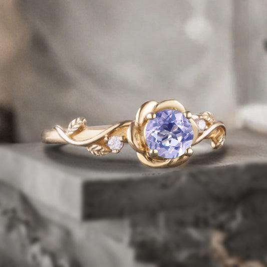 Vintage Amethyst Ring Solid Gold Round Violet Amethyst Flower Leaf Engagement Ring Unique Moissanite Art Deco Promise Ring Anniversary Gift