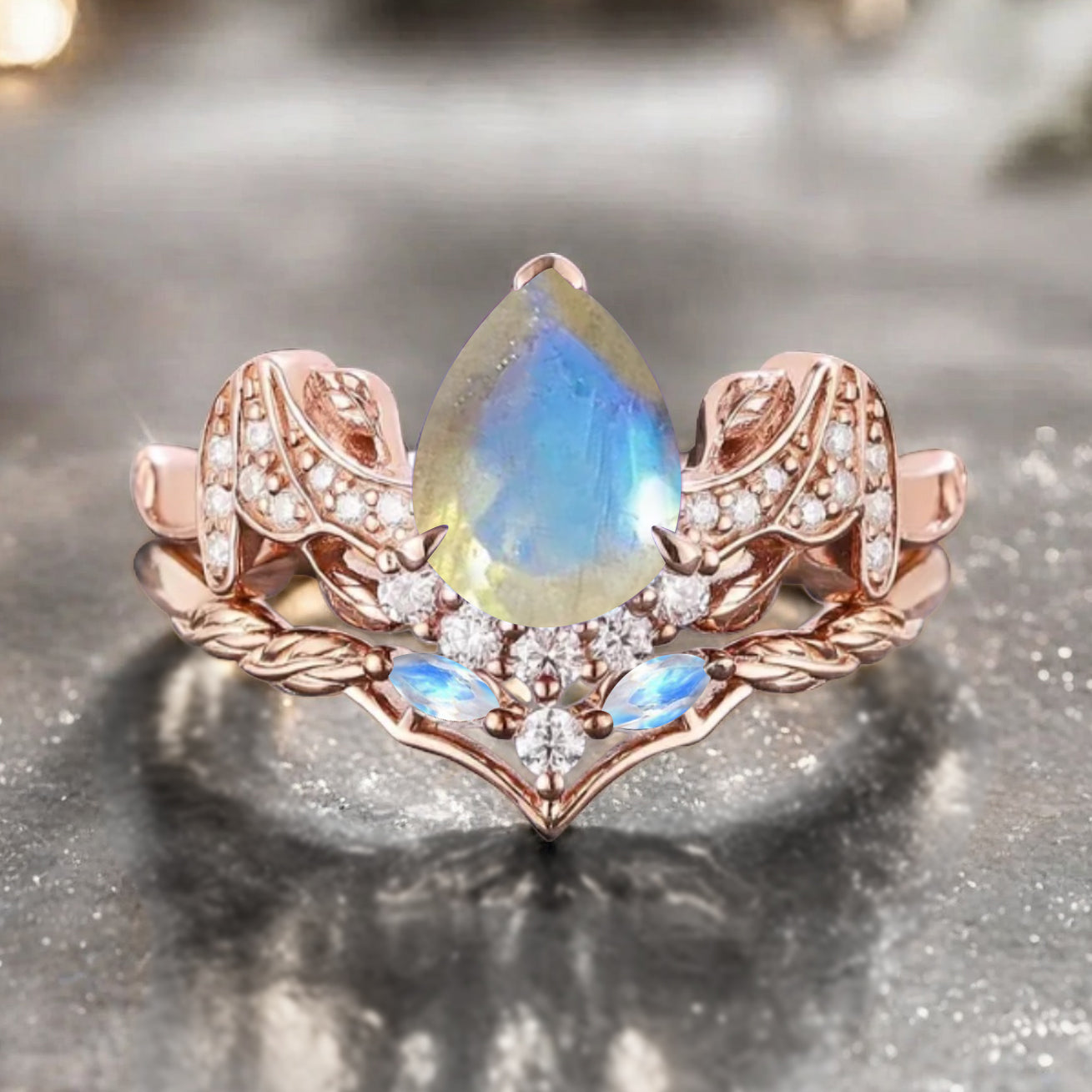 Vintage Pear Cut Moonstone Engagement Ring Set Unique Rose Gold Cluster Moonstone Bridal Ring Set Bat Wing Wedding Ring Set Anniversary Gift