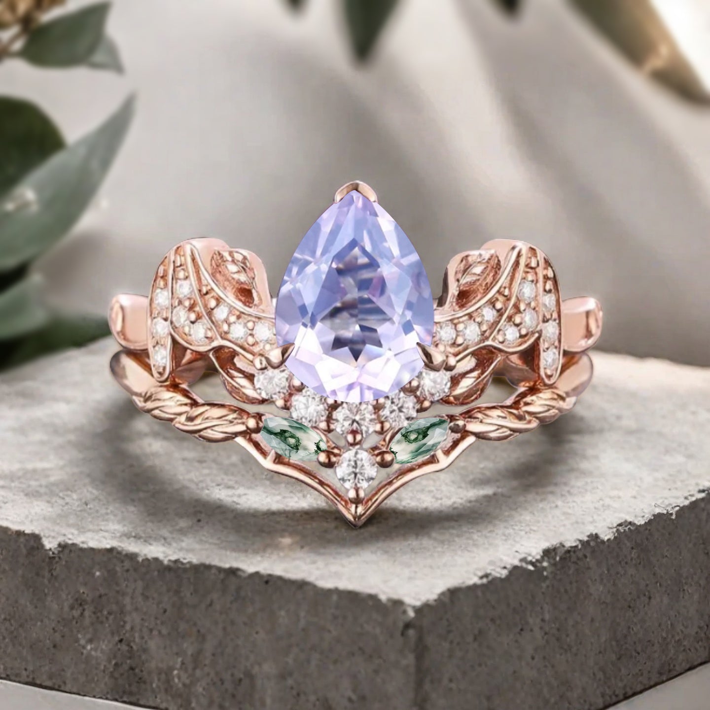 Vintage Pear Cut Amethyst Engagement Ring Set Unique Rose Gold Cluster Moss Agate Bridal Ring Set Bat Wing Wedding Ring Set Anniversary Gift