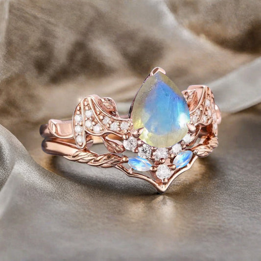 Vintage Pear Cut Moonstone Engagement Ring Set Unique Rose Gold Cluster Moonstone Bridal Ring Set Bat Wing Wedding Ring Set Anniversary Gift