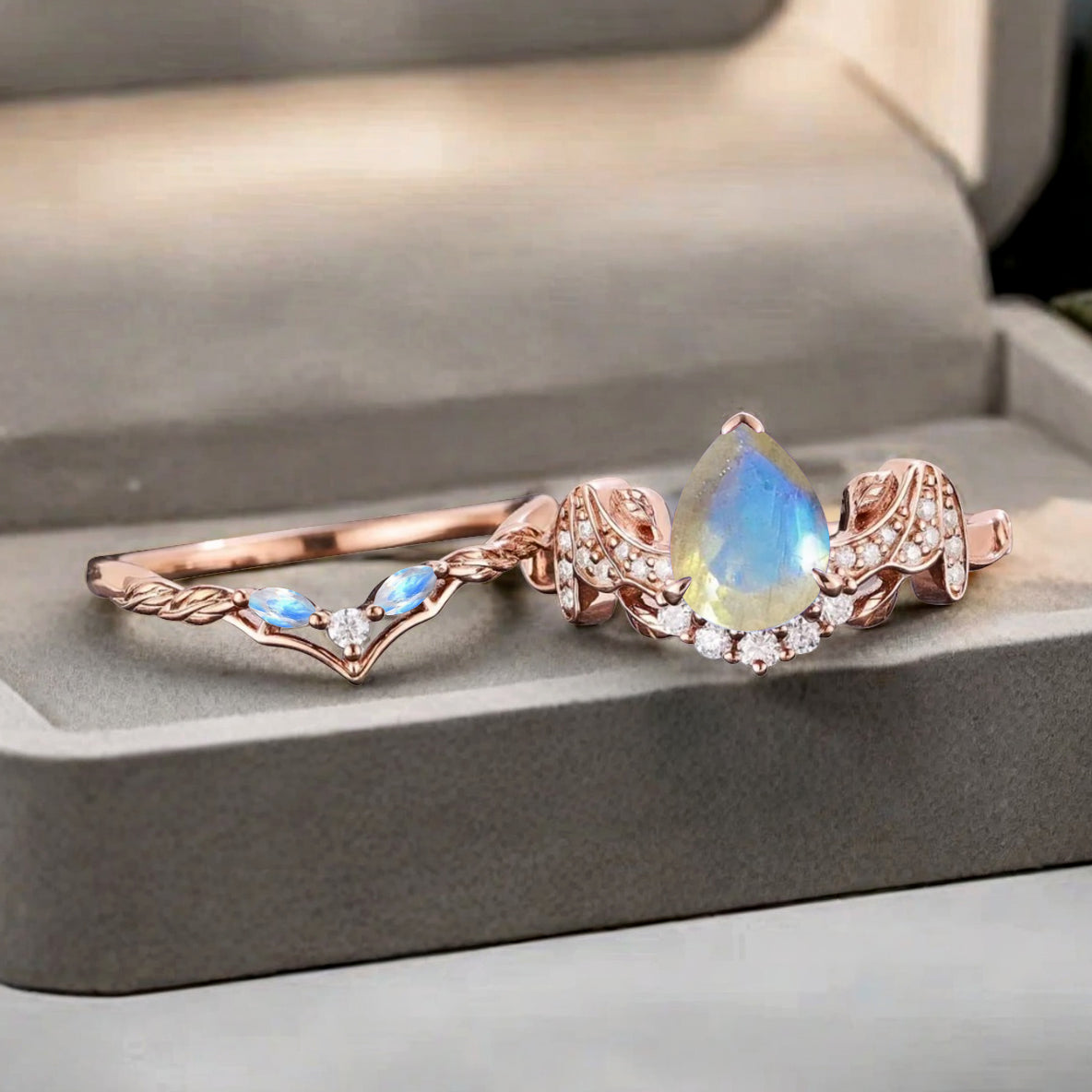 Vintage Pear Cut Moonstone Engagement Ring Set Unique Rose Gold Cluster Moonstone Bridal Ring Set Bat Wing Wedding Ring Set Anniversary Gift