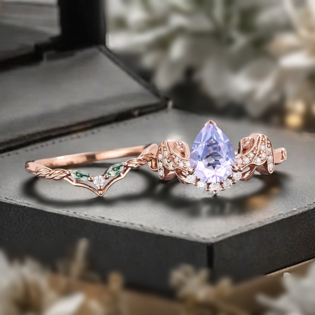 Vintage Pear Cut Amethyst Engagement Ring Set Unique Rose Gold Cluster Moss Agate Bridal Ring Set Bat Wing Wedding Ring Set Anniversary Gift
