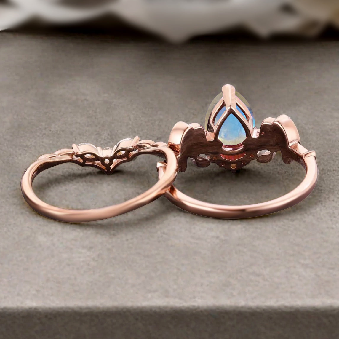 Vintage Pear Cut Moonstone Engagement Ring Set Unique Rose Gold Cluster Moonstone Bridal Ring Set Bat Wing Wedding Ring Set Anniversary Gift