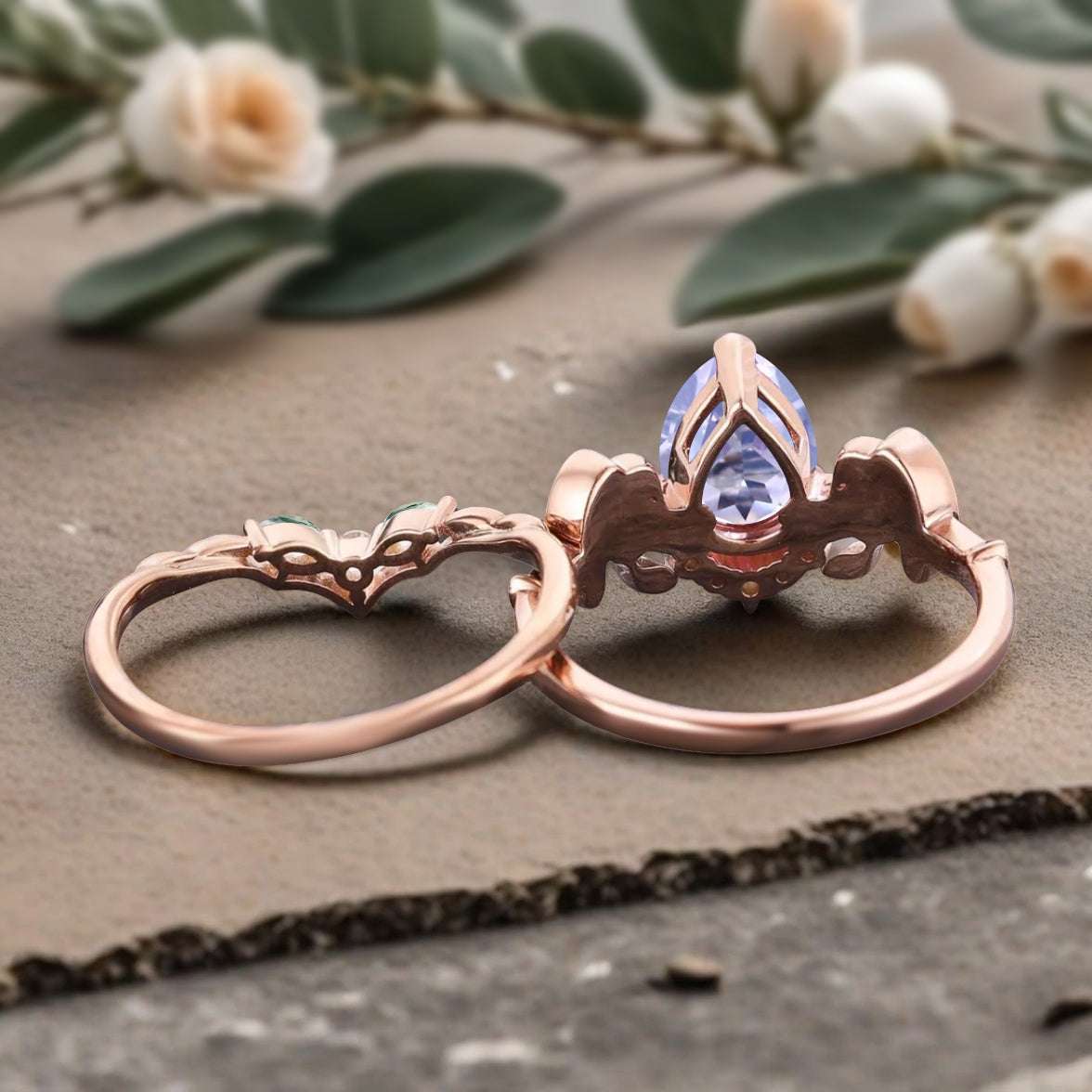 Vintage Pear Cut Amethyst Engagement Ring Set Unique Rose Gold Cluster Moss Agate Bridal Ring Set Bat Wing Wedding Ring Set Anniversary Gift