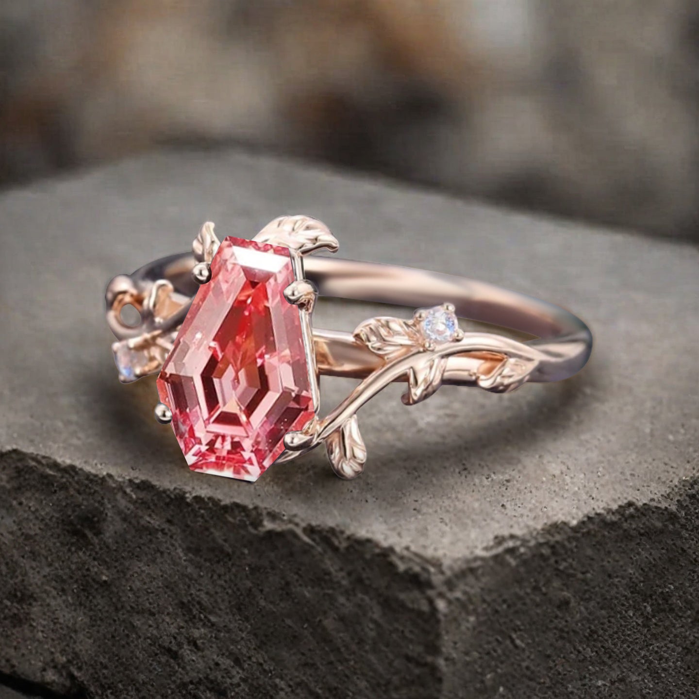 Art Deco Pink Sapphire Leaf Design Gemstone Ring Unique Vintage Coffin Cut Pink Sapphire Engagement Ring Wedding Promise Ring For Women