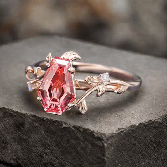 Art Deco Pink Sapphire Leaf Design Gemstone Ring Unique Vintage Coffin Cut Pink Sapphire Engagement Ring Wedding Promise Ring For Women