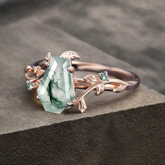 Art Deco Moss Agate Leaf Design Gemstone Ring Unique Vintage Coffin Cut Moss Agate Engagement Ring Wedding Promise Ring For Women