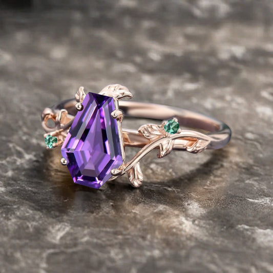 Art Deco Amethyst Leaf Design Gemstone Ring Unique Vintage Coffin Cut Emerald Engagement Ring Wedding Promise Ring For Women