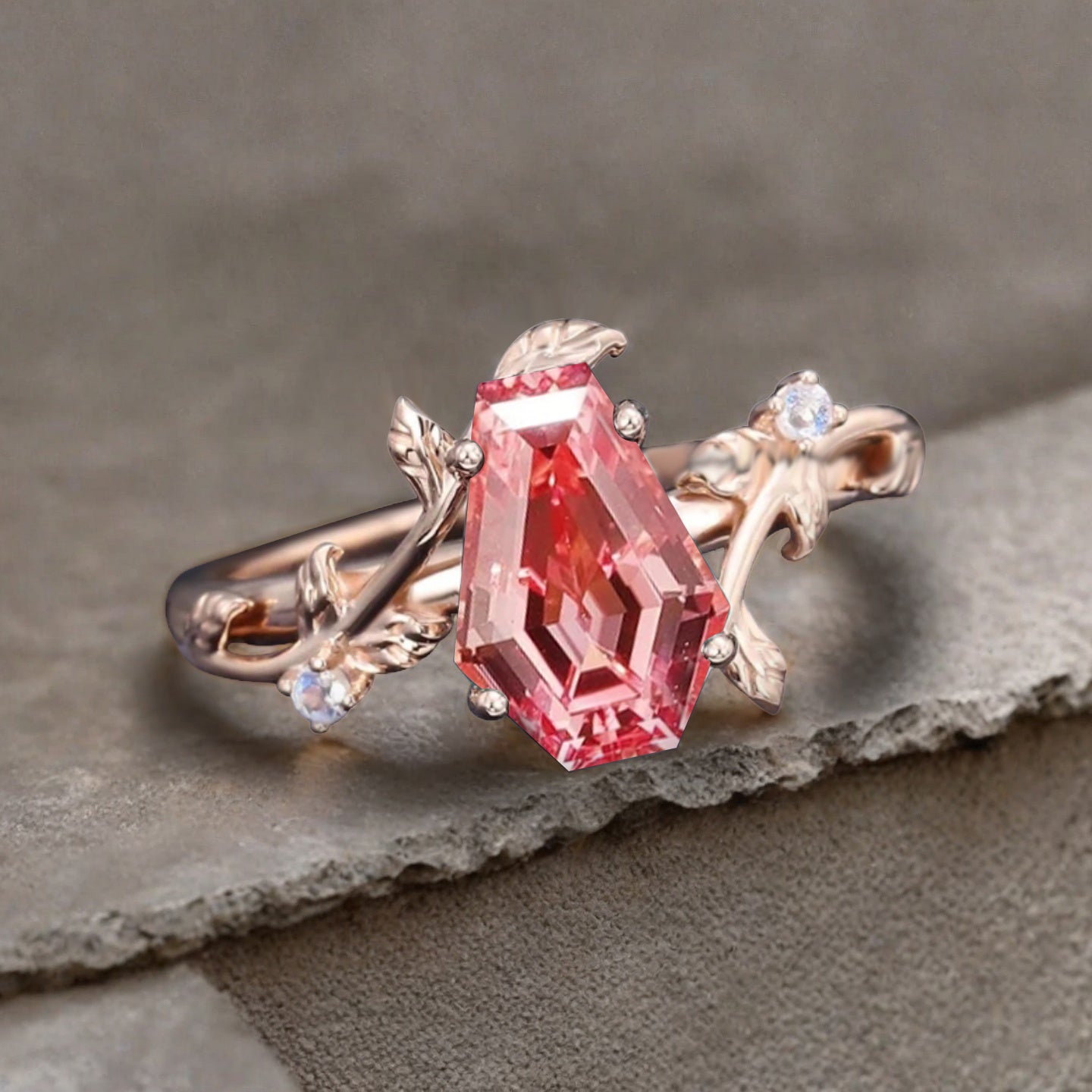 Art Deco Pink Sapphire Leaf Design Gemstone Ring Unique Vintage Coffin Cut Pink Sapphire Engagement Ring Wedding Promise Ring For Women