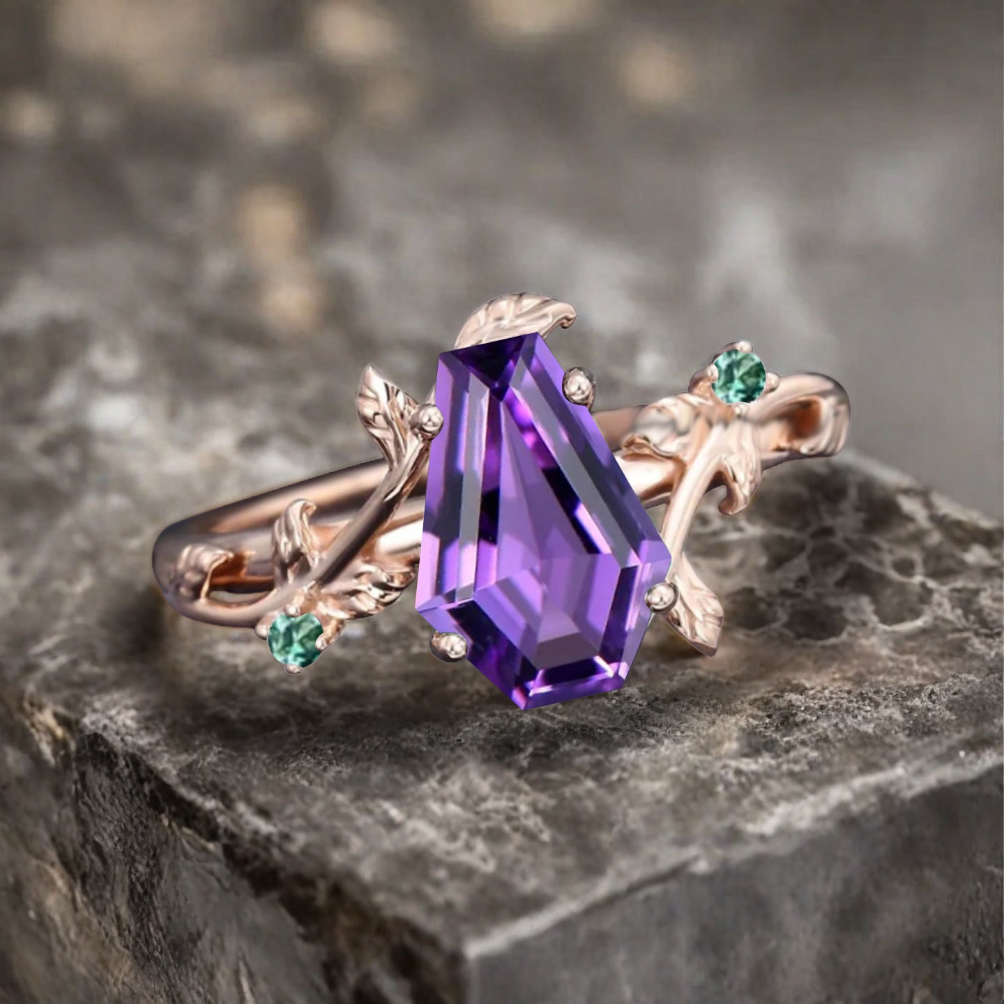 Art Deco Amethyst Leaf Design Gemstone Ring Unique Vintage Coffin Cut Emerald Engagement Ring Wedding Promise Ring For Women