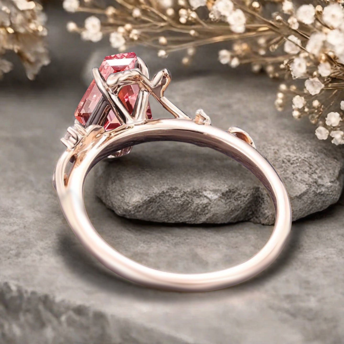 Art Deco Pink Sapphire Leaf Design Gemstone Ring Unique Vintage Coffin Cut Pink Sapphire Engagement Ring Wedding Promise Ring For Women