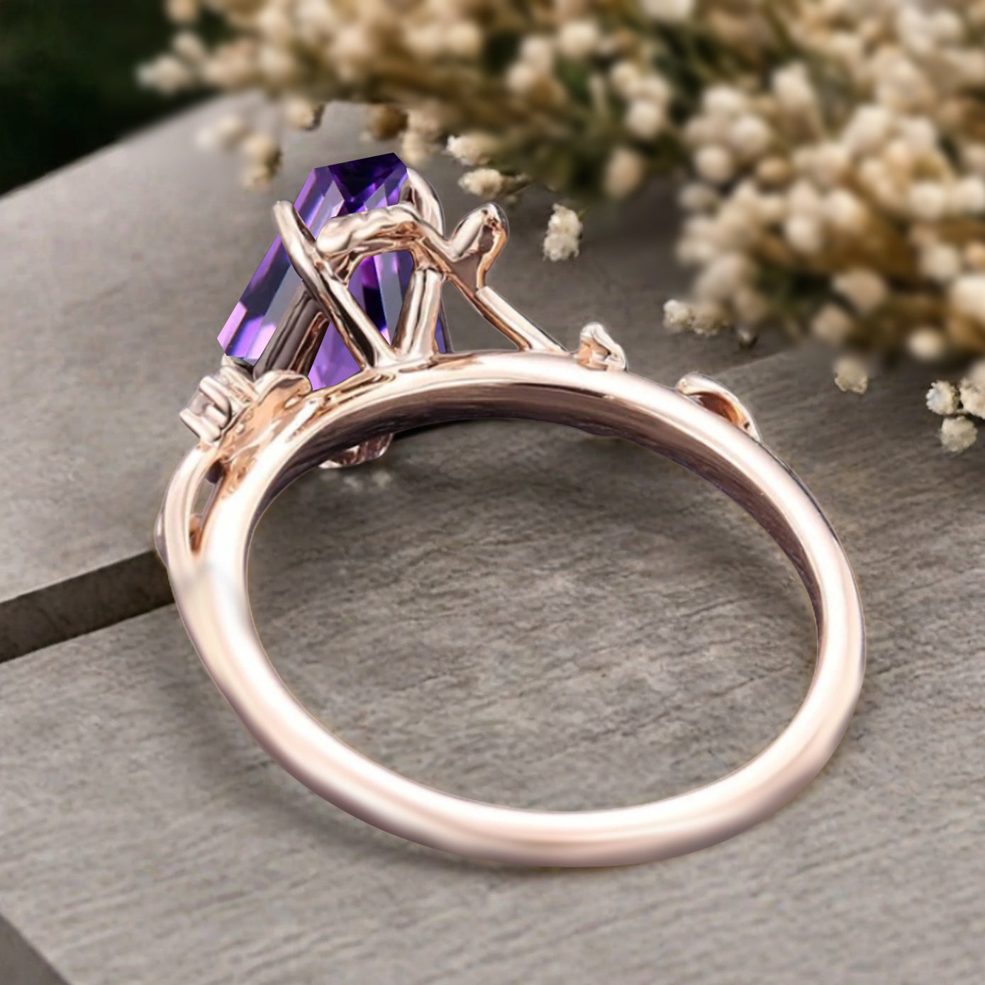 Art Deco Amethyst Leaf Design Gemstone Ring Unique Vintage Coffin Cut Emerald Engagement Ring Wedding Promise Ring For Women