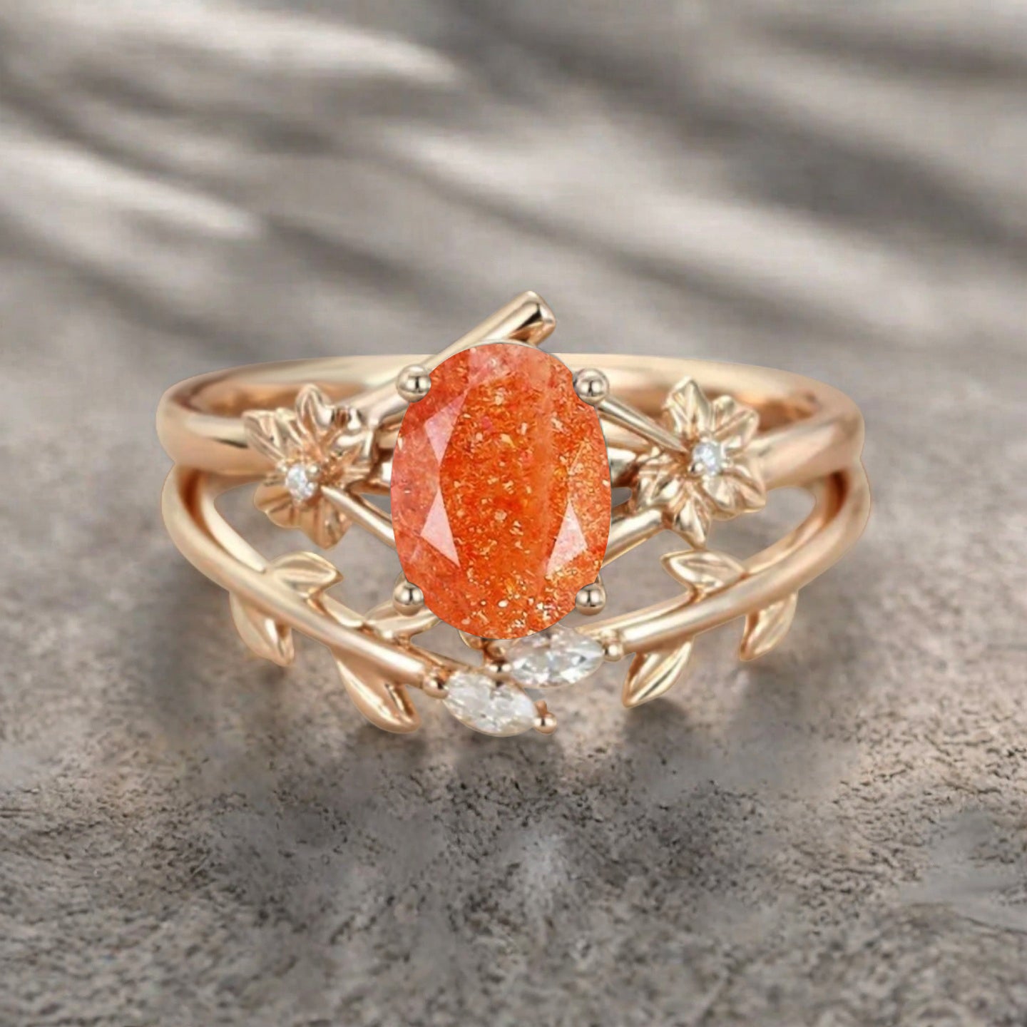 Oval Cut Orange Sunstone Engagement Flower Ring Vintage Sunstone Rose Gold Art Deco Moissanite Leaf Bridal Anniversary Wedding Ring Set