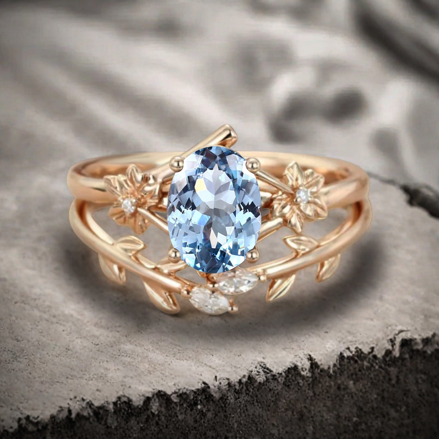 Oval Cut Blue Aquamarine Engagement Flower Ring Vintage Aquamarine Rose Gold Art Deco Moissanite Leaf Bridal Anniversary Wedding Ring Set