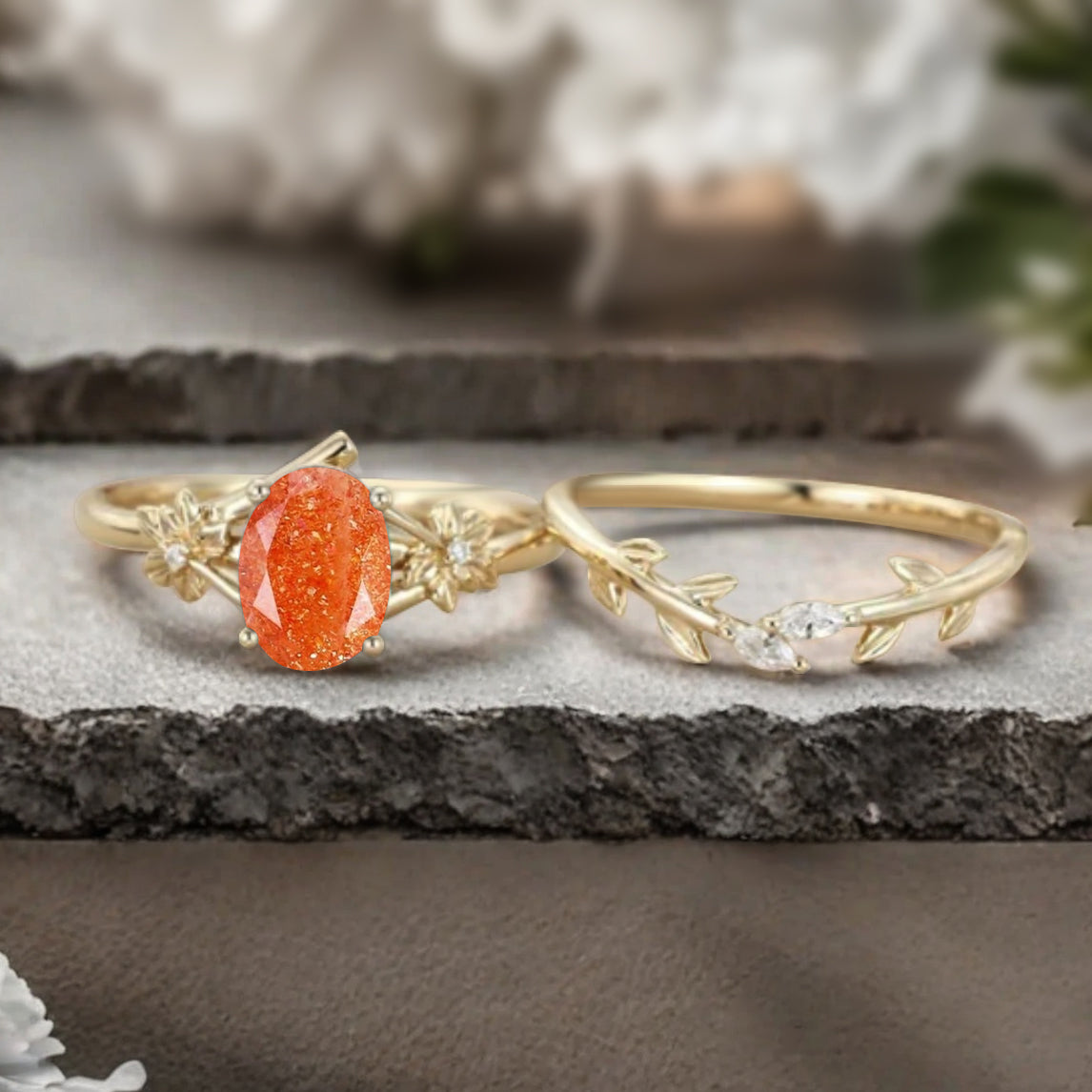Oval Cut Orange Sunstone Engagement Flower Ring Vintage Sunstone Rose Gold Art Deco Moissanite Leaf Bridal Anniversary Wedding Ring Set