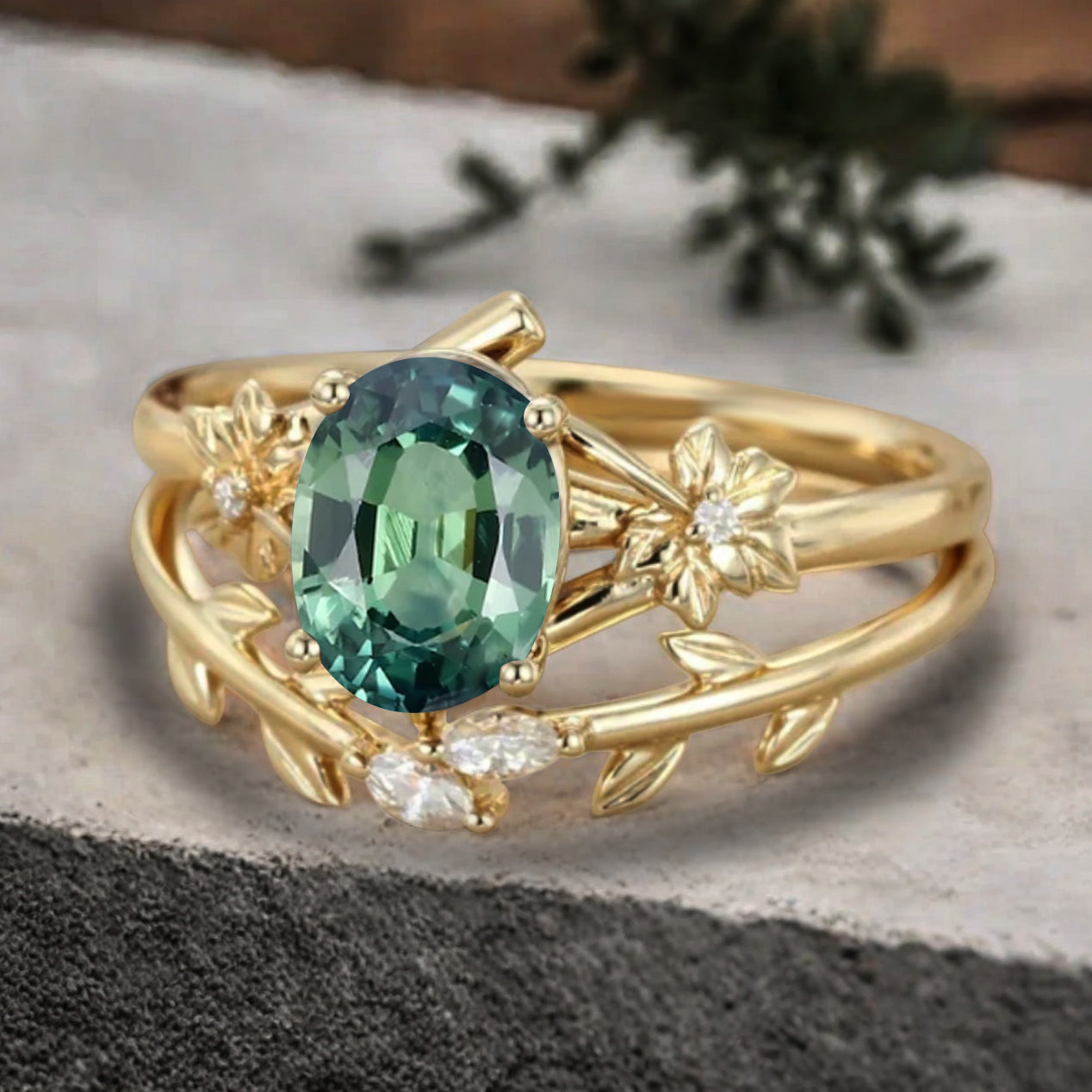 Oval Cut Green Tsavorite Engagement Flower Ring Vintage Tsavorite Rose Gold Art Deco Moissanite Leaf Bridal Anniversary Wedding Ring Set