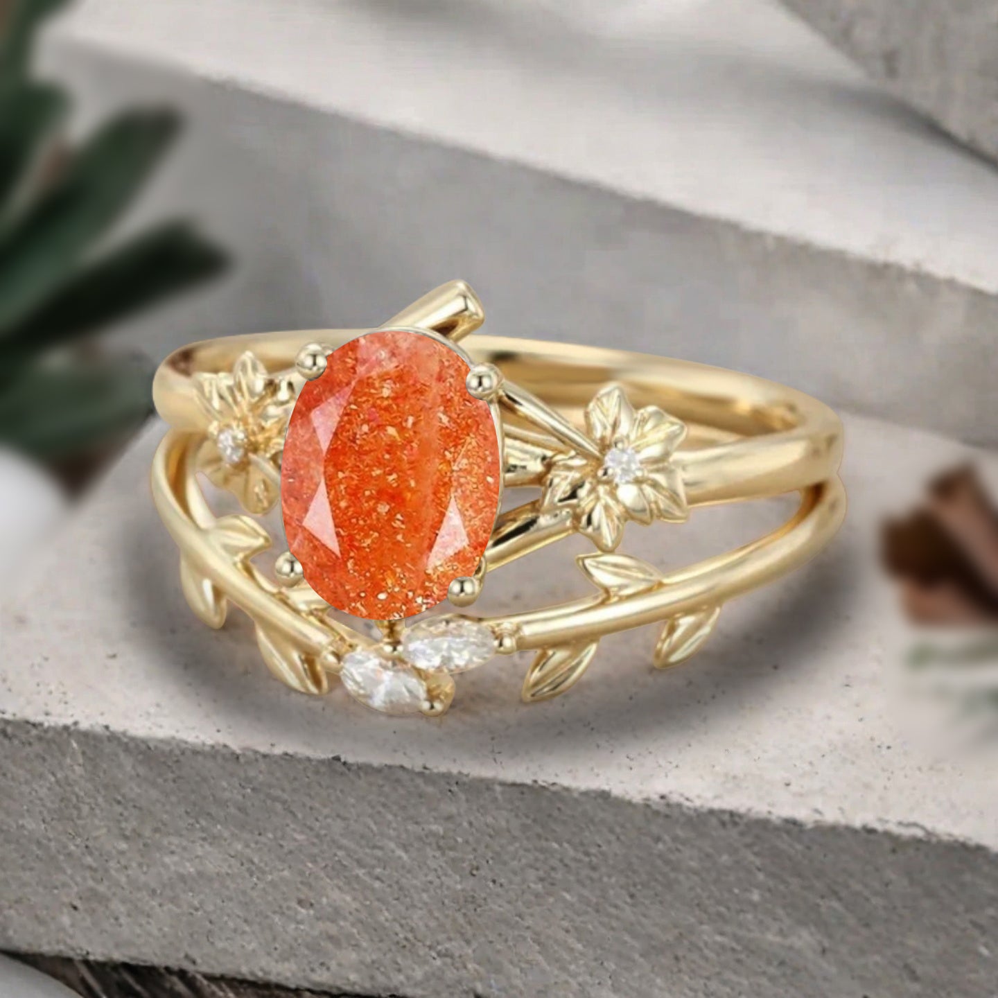 Oval Cut Orange Sunstone Engagement Flower Ring Vintage Sunstone Rose Gold Art Deco Moissanite Leaf Bridal Anniversary Wedding Ring Set