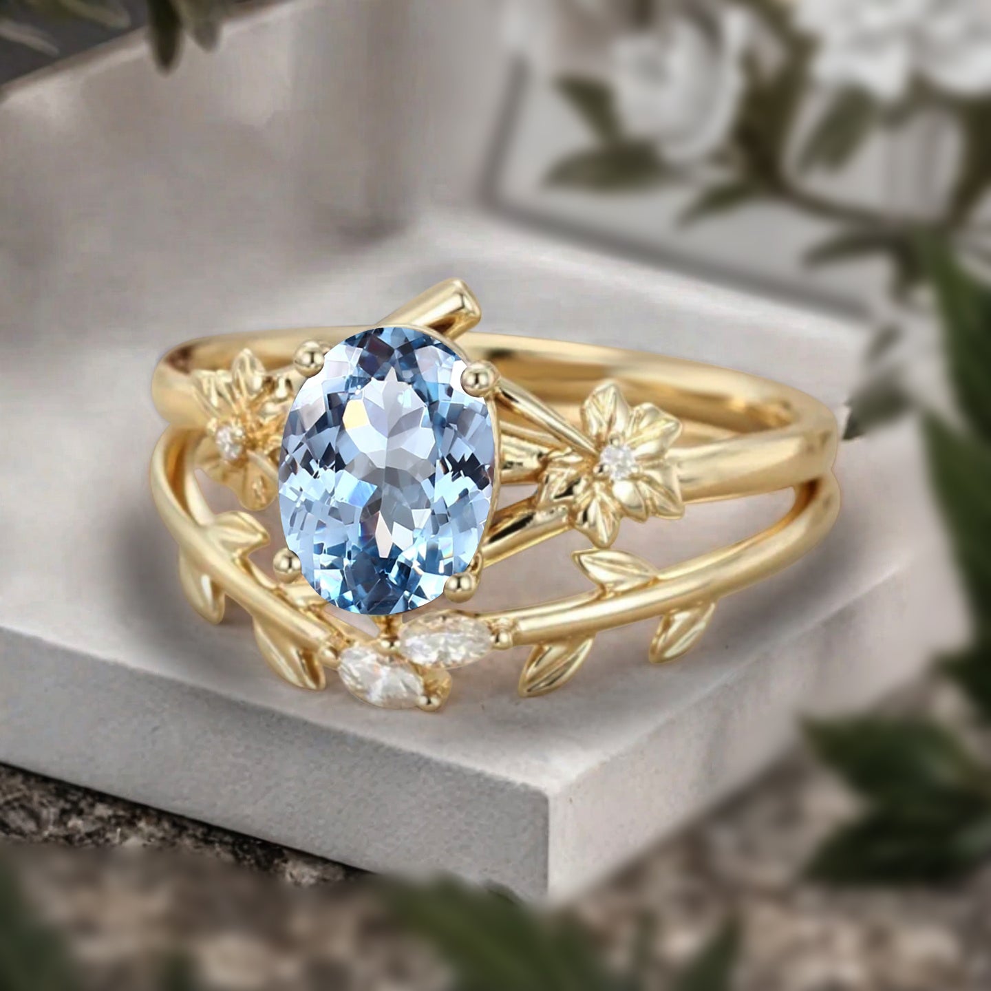 Oval Cut Blue Aquamarine Engagement Flower Ring Vintage Aquamarine Rose Gold Art Deco Moissanite Leaf Bridal Anniversary Wedding Ring Set
