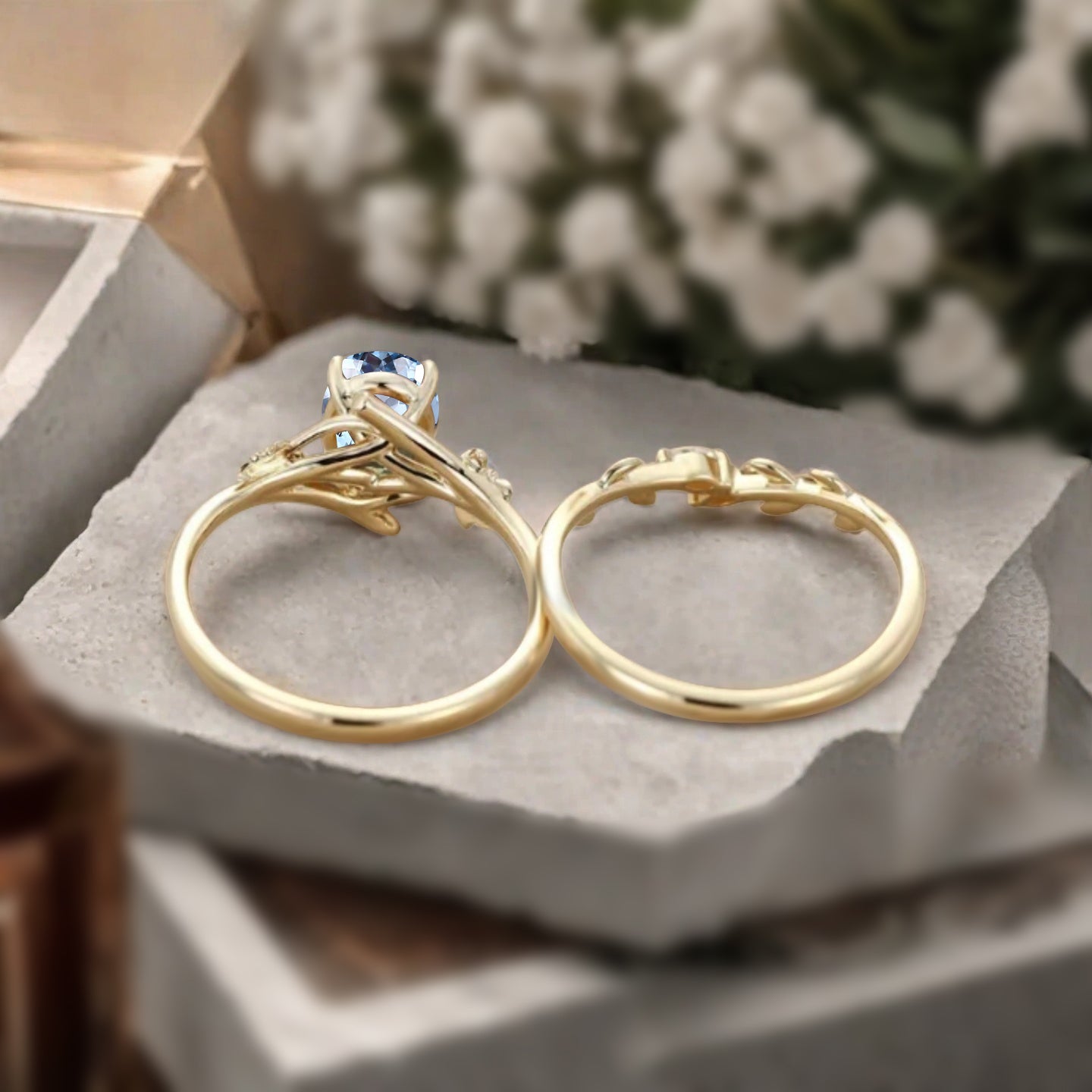Oval Cut Blue Aquamarine Engagement Flower Ring Vintage Aquamarine Rose Gold Art Deco Moissanite Leaf Bridal Anniversary Wedding Ring Set