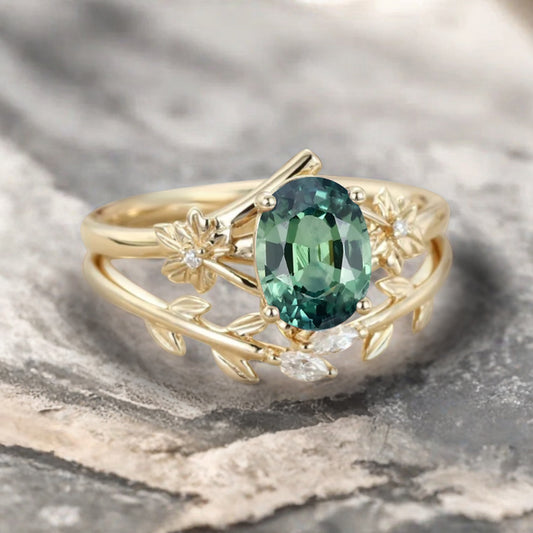 Oval Cut Green Tsavorite Engagement Flower Ring Vintage Tsavorite Rose Gold Art Deco Moissanite Leaf Bridal Anniversary Wedding Ring Set