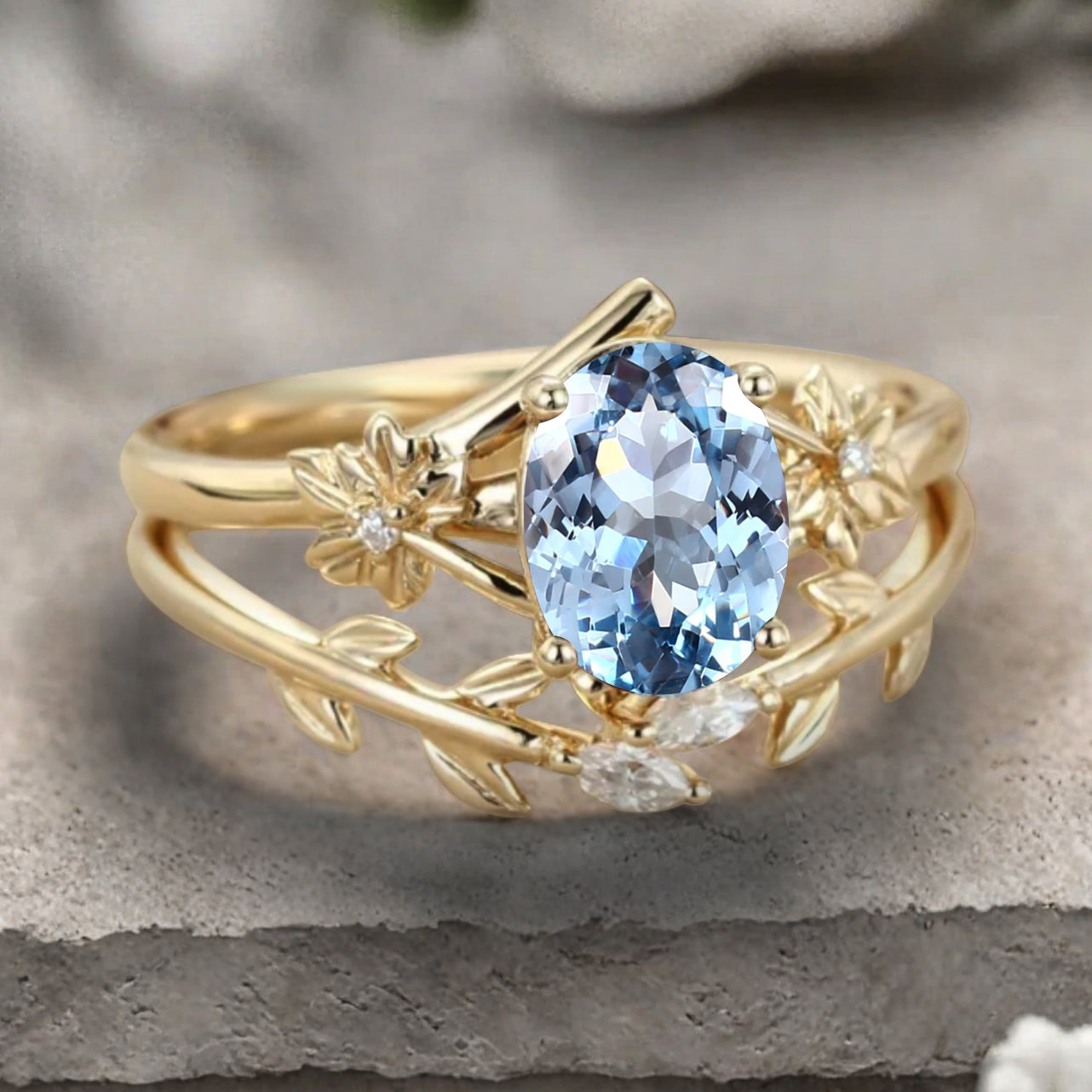 Oval Cut Blue Aquamarine Engagement Flower Ring Vintage Aquamarine Rose Gold Art Deco Moissanite Leaf Bridal Anniversary Wedding Ring Set