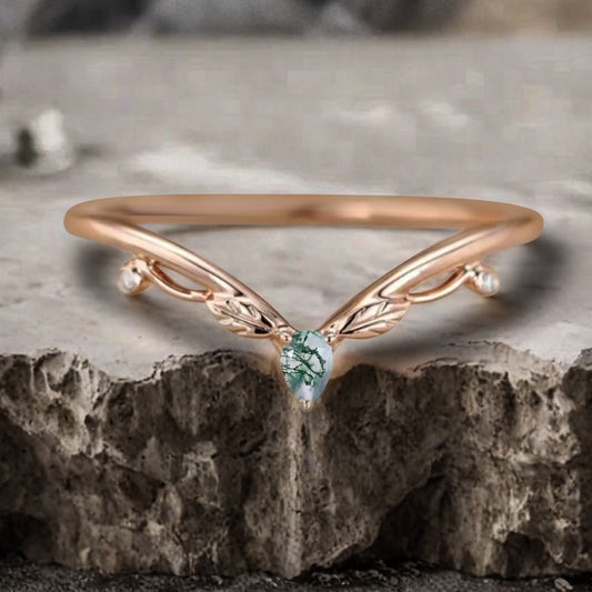 Minimalist Moissanite & Amethyst & Moss Agate Chevron Wedding Band Vintage V Shape Stacking Leaf Ring Unique Matching Ring Promise Delicate Bridal Anniversary Ring