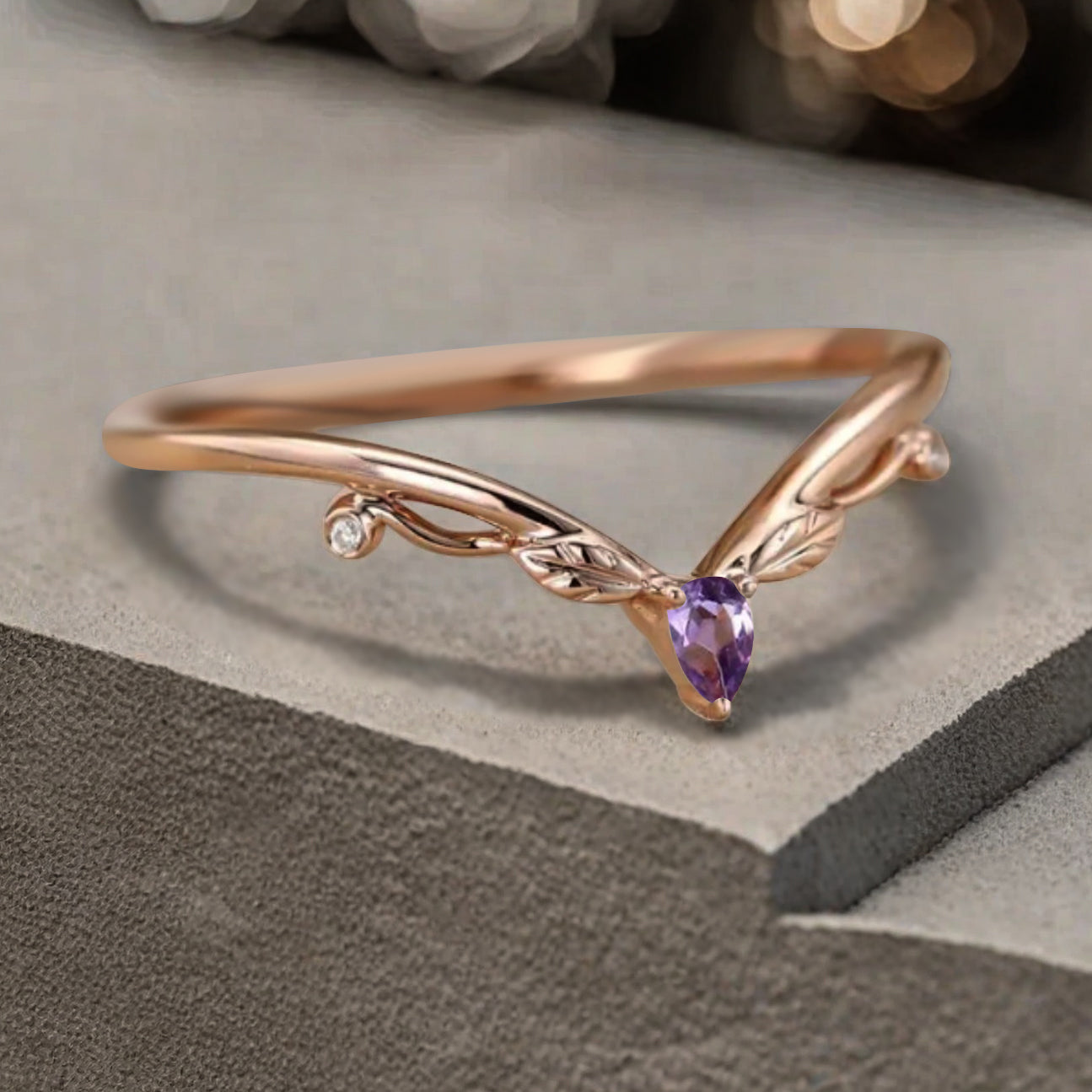 Minimalist Moissanite & Amethyst & Moss Agate Chevron Wedding Band Vintage V Shape Stacking Leaf Ring Unique Matching Ring Promise Delicate Bridal Anniversary Ring