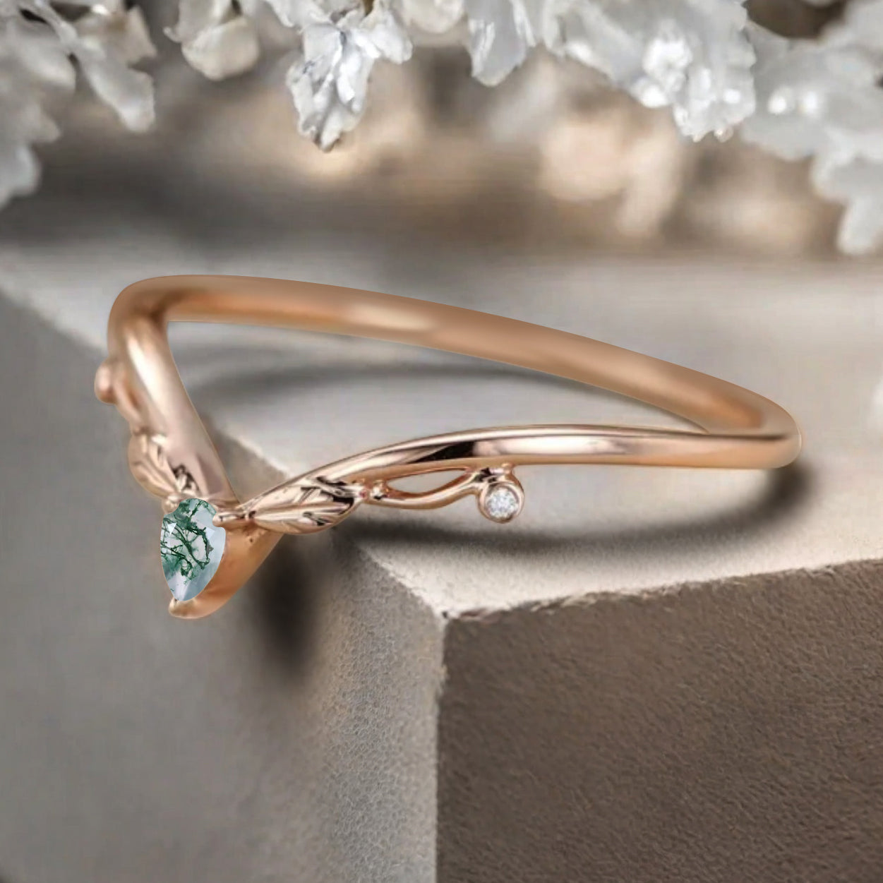 Minimalist Moissanite & Amethyst & Moss Agate Chevron Wedding Band Vintage V Shape Stacking Leaf Ring Unique Matching Ring Promise Delicate Bridal Anniversary Ring