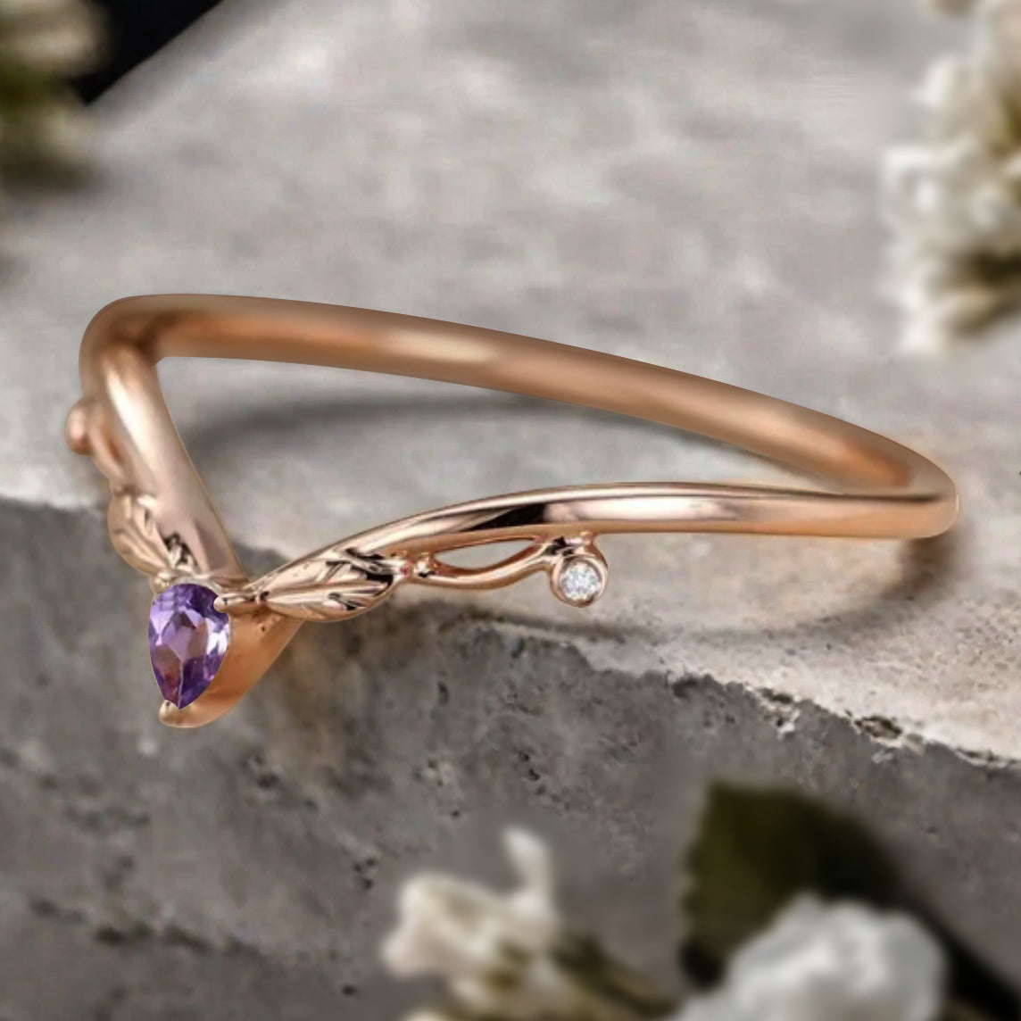 Minimalist Moissanite & Amethyst & Moss Agate Chevron Wedding Band Vintage V Shape Stacking Leaf Ring Unique Matching Ring Promise Delicate Bridal Anniversary Ring