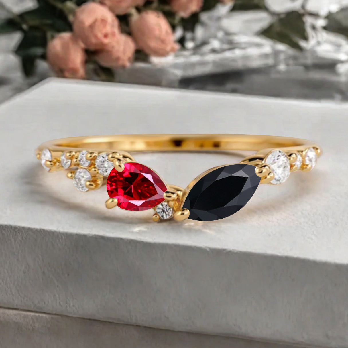 Minimalist Ruby & Black Onyx Chevron Wedding Band Vintage V Shape Stacking Ring Unique Matching Ring Promise Delicate Bridal Anniversary Gift Ring