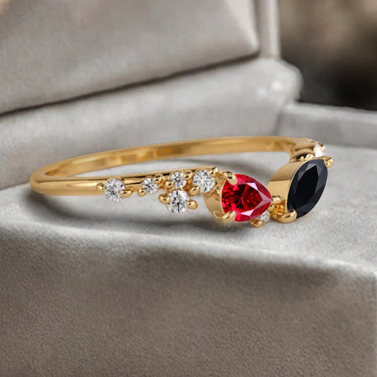 Minimalist Ruby & Black Onyx Chevron Wedding Band Vintage V Shape Stacking Ring Unique Matching Ring Promise Delicate Bridal Anniversary Gift Ring