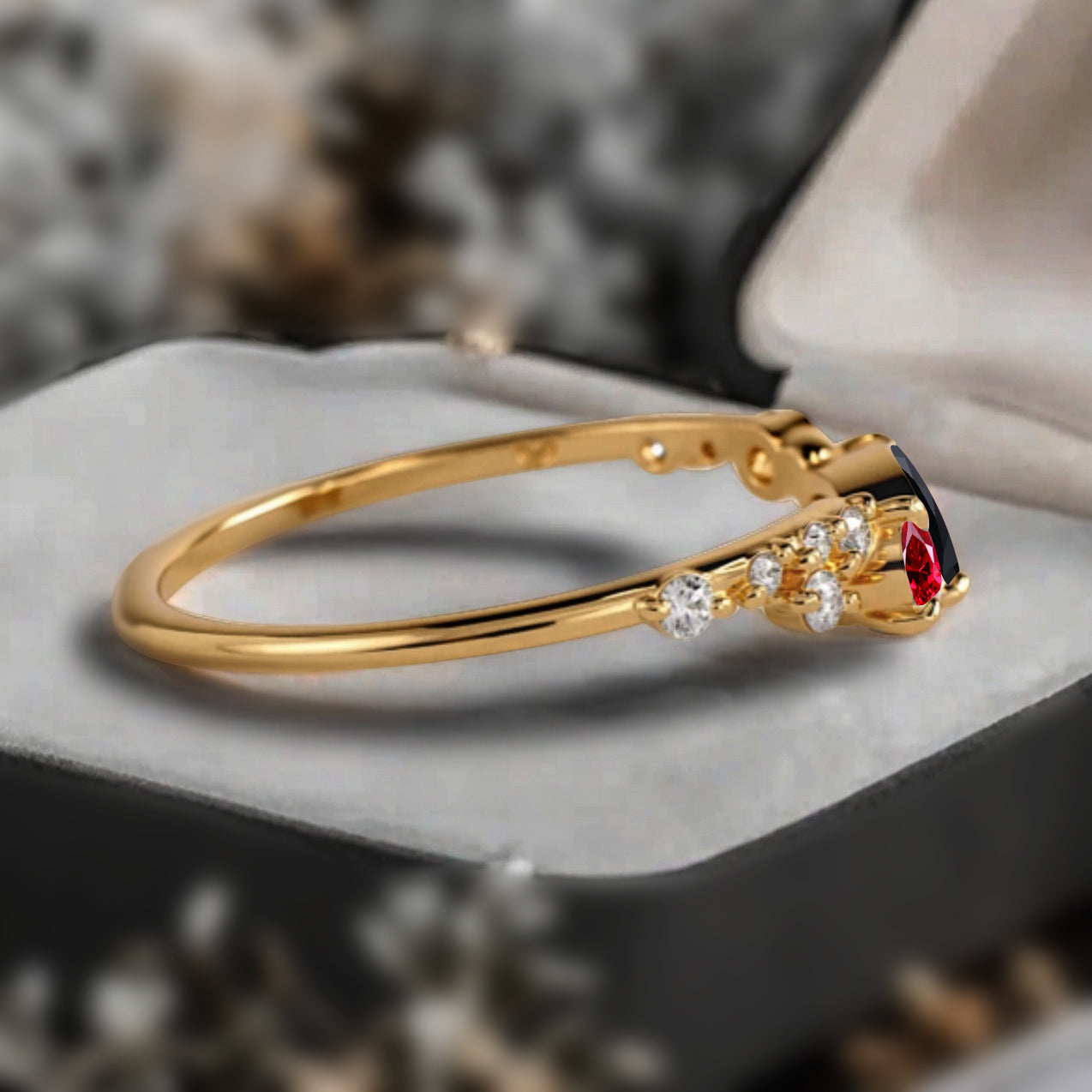 Minimalist Ruby & Black Onyx Chevron Wedding Band Vintage V Shape Stacking Ring Unique Matching Ring Promise Delicate Bridal Anniversary Gift Ring
