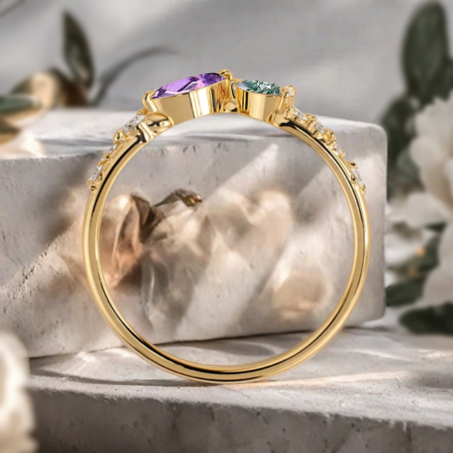 Minimalist Moss Agate & Amethyst Chevron Wedding Band Vintage V Shape Stacking Ring Unique Matching Ring Promise Delicate Bridal Anniversary Gift Ring