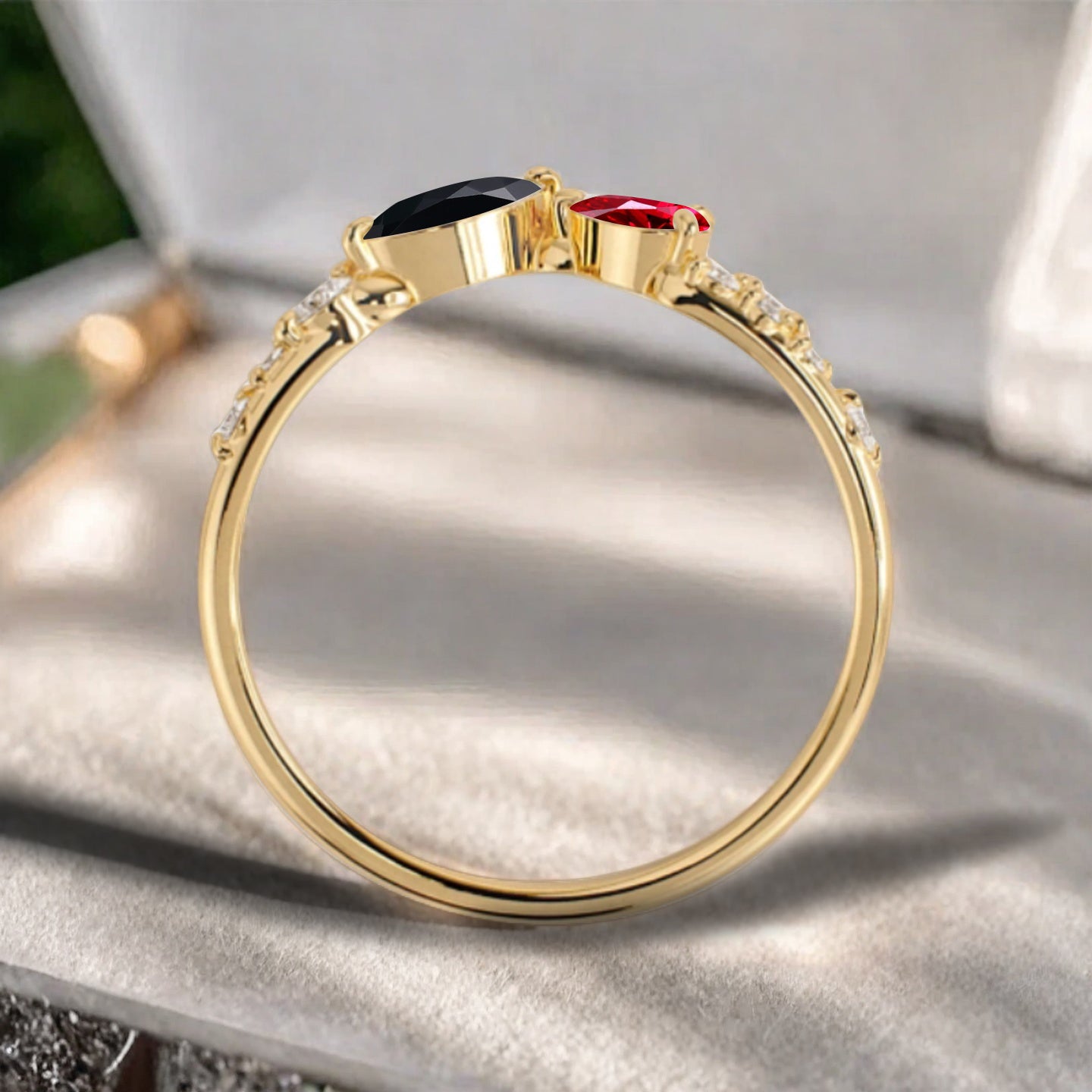 Minimalist Ruby & Black Onyx Chevron Wedding Band Vintage V Shape Stacking Ring Unique Matching Ring Promise Delicate Bridal Anniversary Gift Ring