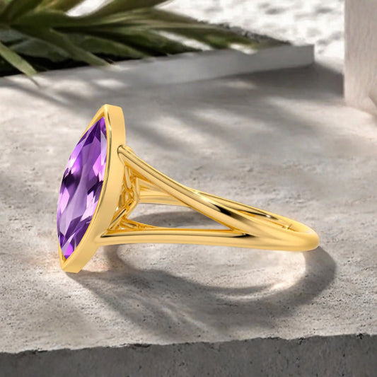 Marquise cut Amethyst wedding ring Unique 14k Rose gold wedding ring Anniversary ring