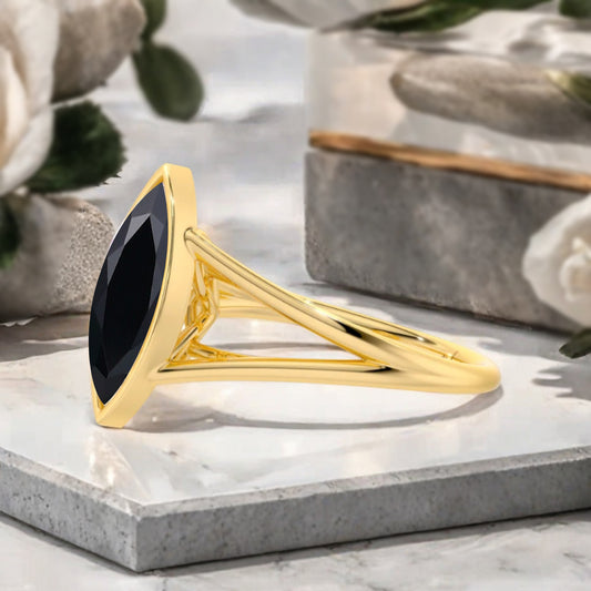 Marquise cut Black Onyx wedding ring Unique 14k Rose gold wedding ring Anniversary ring