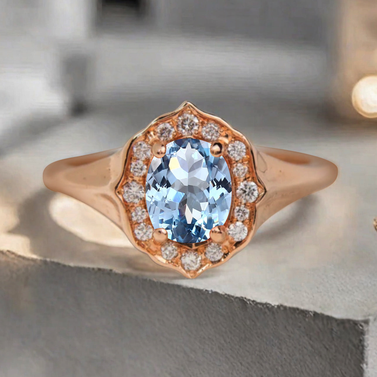 Vintage Aquamarine Ring Solid Gold Oval Cut Aquamarine Engagement Halo Ring Unique Moissanite Promise Ring Anniversary Gift Ring For Women