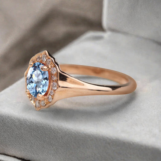 Vintage Aquamarine Ring Solid Gold Oval Cut Aquamarine Engagement Halo Ring Unique Moissanite Promise Ring Anniversary Gift Ring For Women
