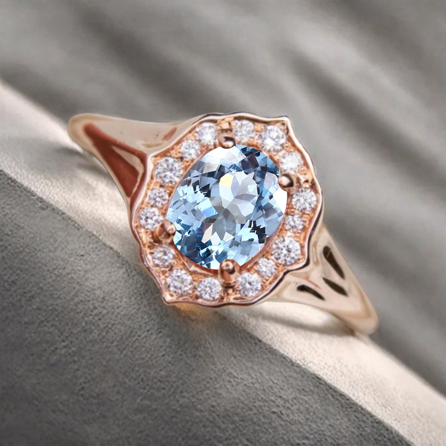Vintage Aquamarine Ring Solid Gold Oval Cut Aquamarine Engagement Halo Ring Unique Moissanite Promise Ring Anniversary Gift Ring For Women