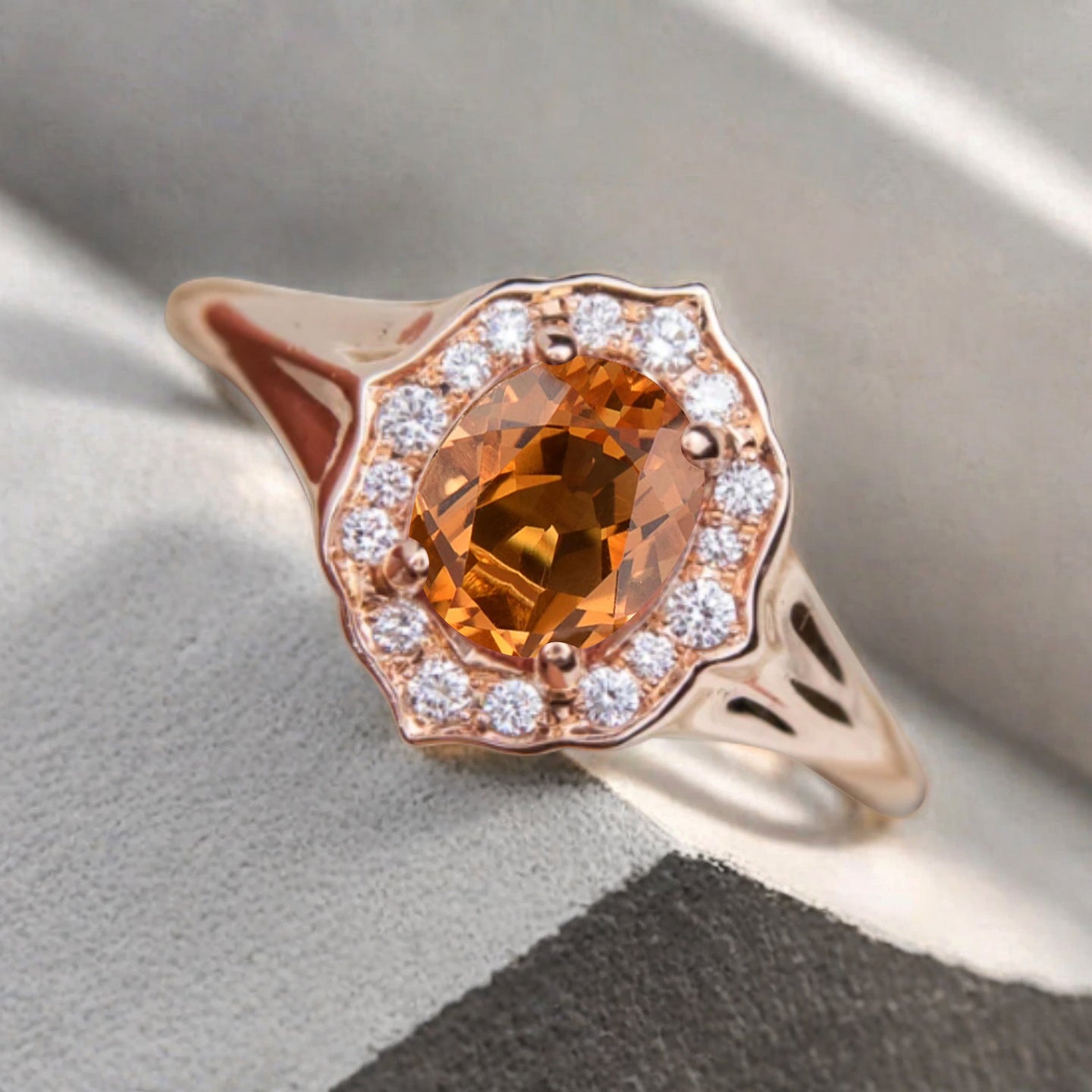 Vintage Citrine Ring Solid Gold Oval Cut Citrine Engagement Halo Ring Unique Moissanite Promise Ring Anniversary Gift Ring For Women