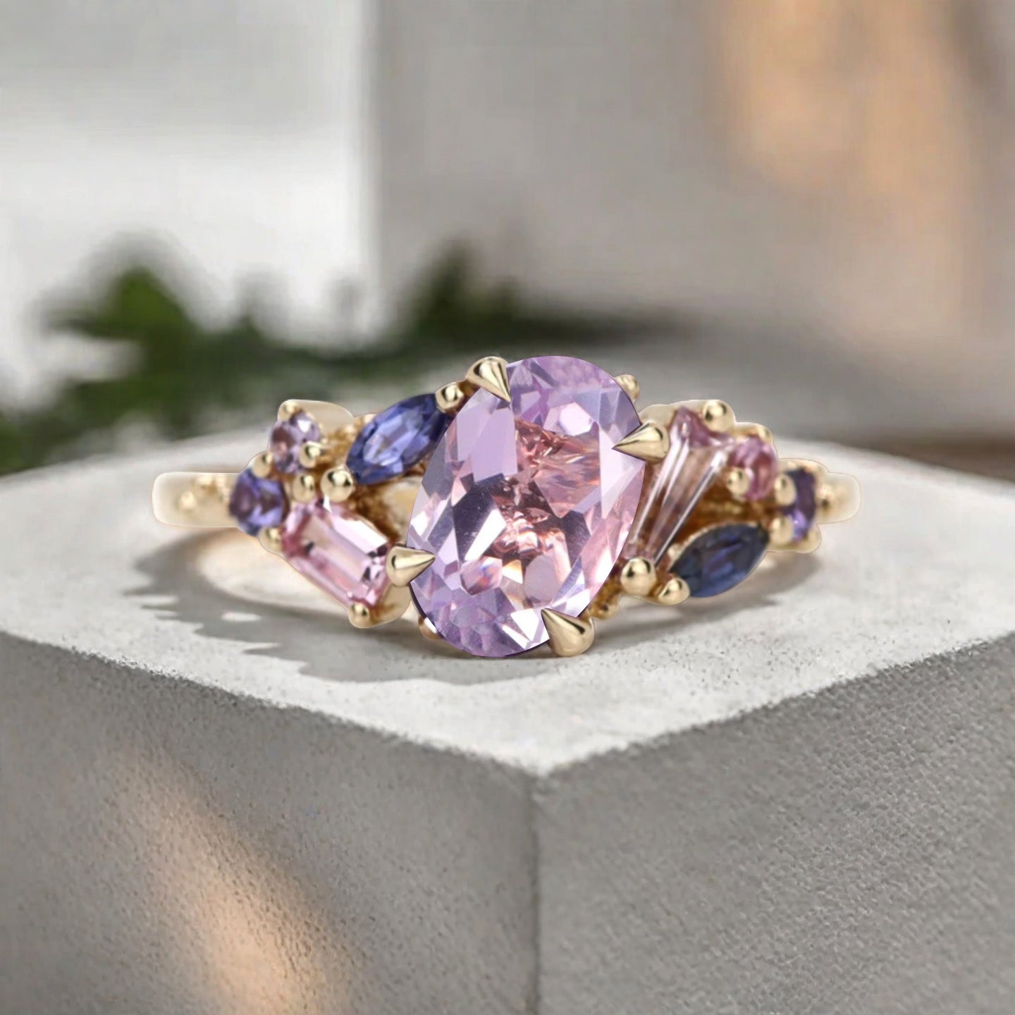 Oval Cut Lavender Amethyst Engagement Ring Vintage Rose Gold Cluster Amethyst Pink Sapphire Bridal Wedding Ring Set Unique Gift For Her