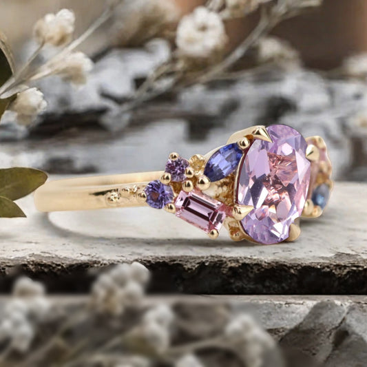 Oval Cut Lavender Amethyst Engagement Ring Vintage Rose Gold Cluster Amethyst Pink Sapphire Bridal Wedding Ring Set Unique Gift For Her