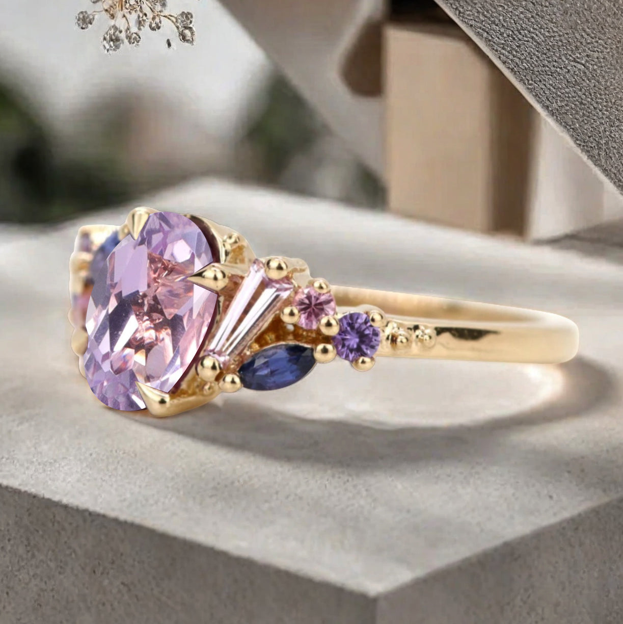 Oval Cut Lavender Amethyst Engagement Ring Vintage Rose Gold Cluster Amethyst Pink Sapphire Bridal Wedding Ring Set Unique Gift For Her