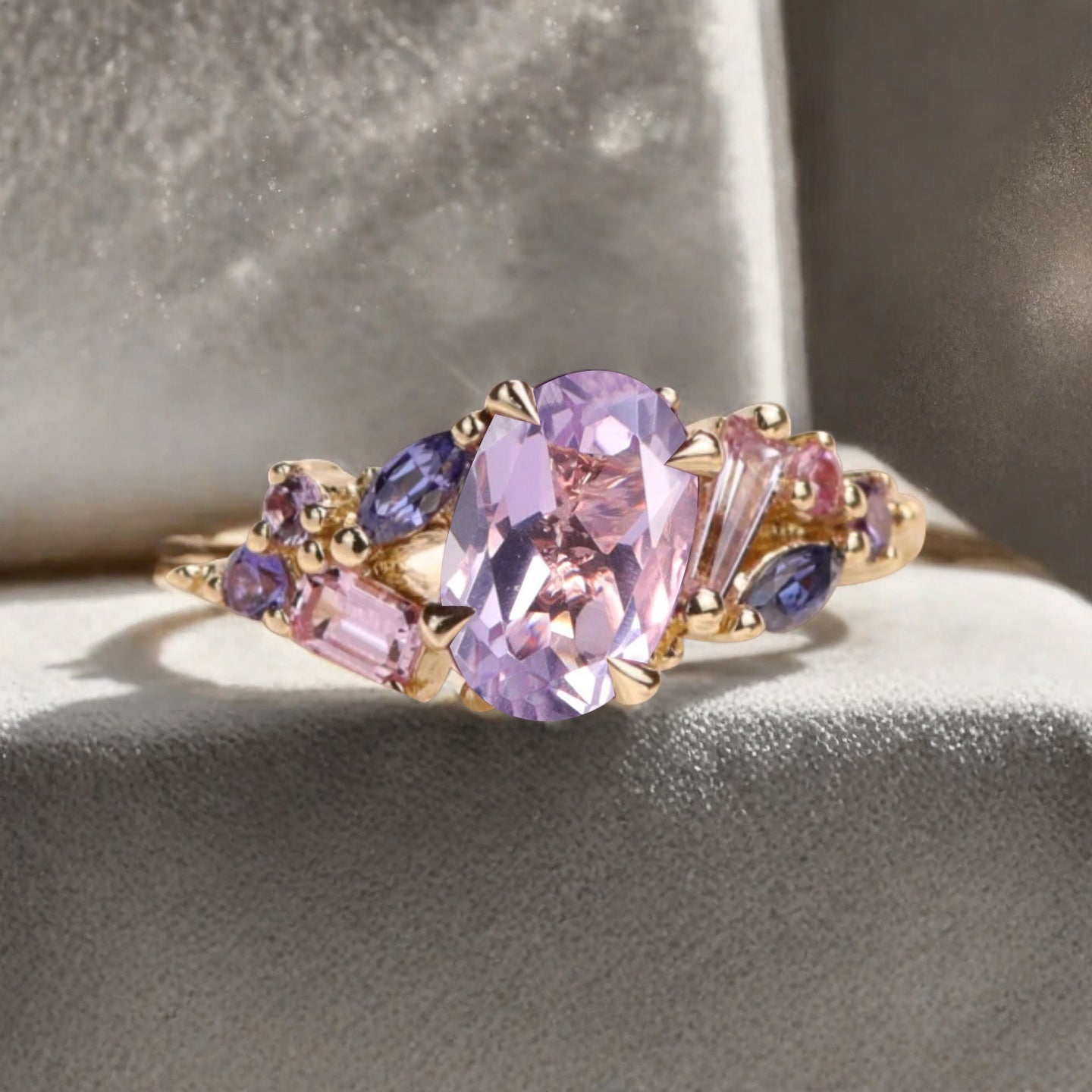 Oval Cut Lavender Amethyst Engagement Ring Vintage Rose Gold Cluster Amethyst Pink Sapphire Bridal Wedding Ring Set Unique Gift For Her