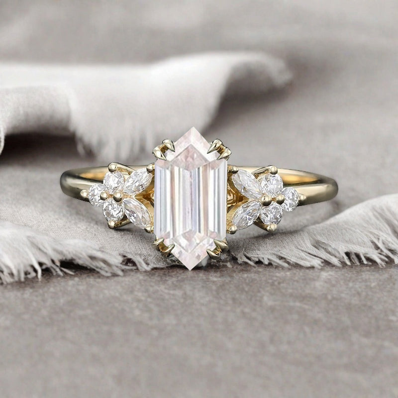 Vintage Hexagon Cut Moissanite Gemstone Engagement Ring Moissanite Side Stone Wedding Promise Ring