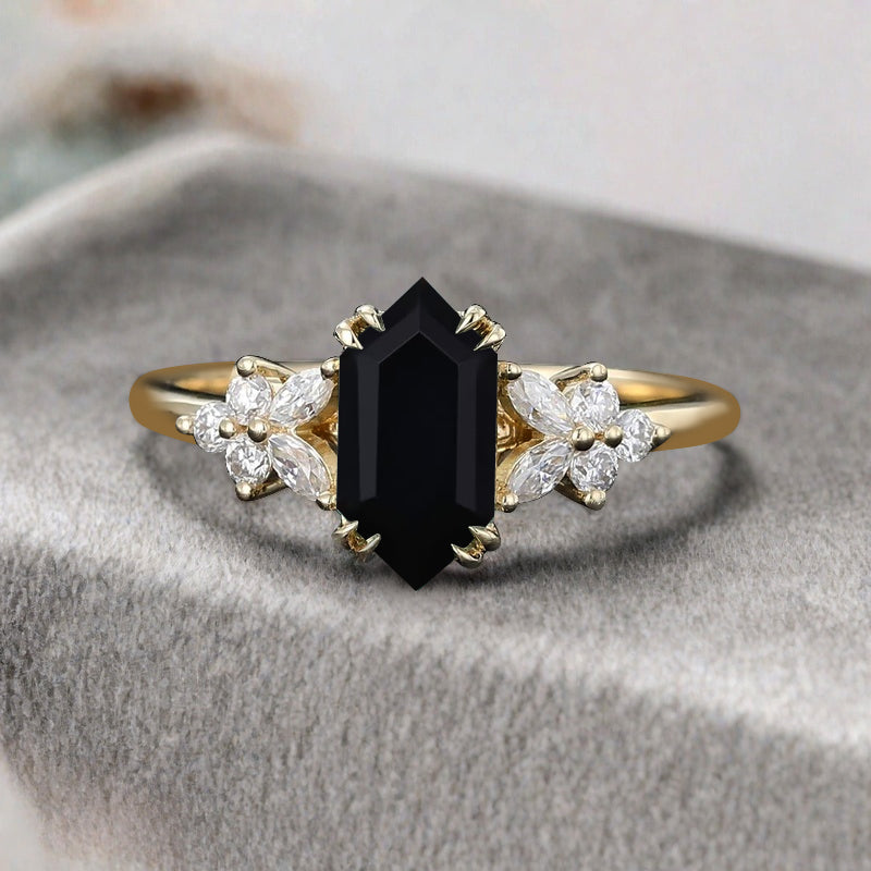 Bague de fiançailles vintage en saphir bleu-vert taille hexagonale Bague de promesse de mariage en saphir bleu-vert