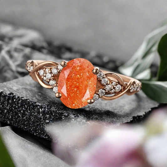 Oval Cut Sunstone Engagement Ring Unique Sunstone Moissanite Wedding Ring Gift For Her